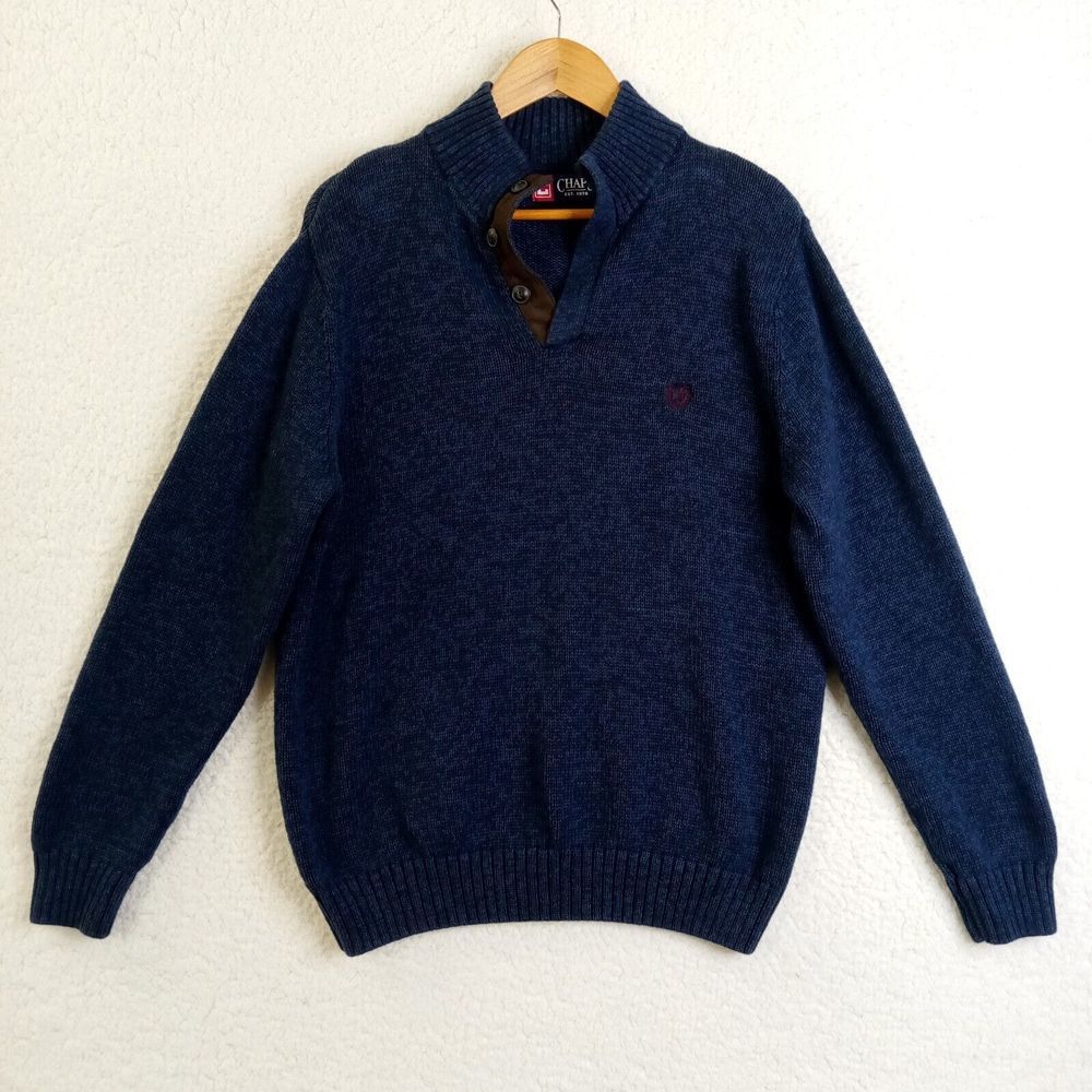 Chaps Sweater Mens 3 Button Large Dark Blue Cotton